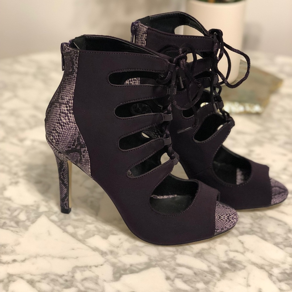 Lace up snake skin peep toe heels